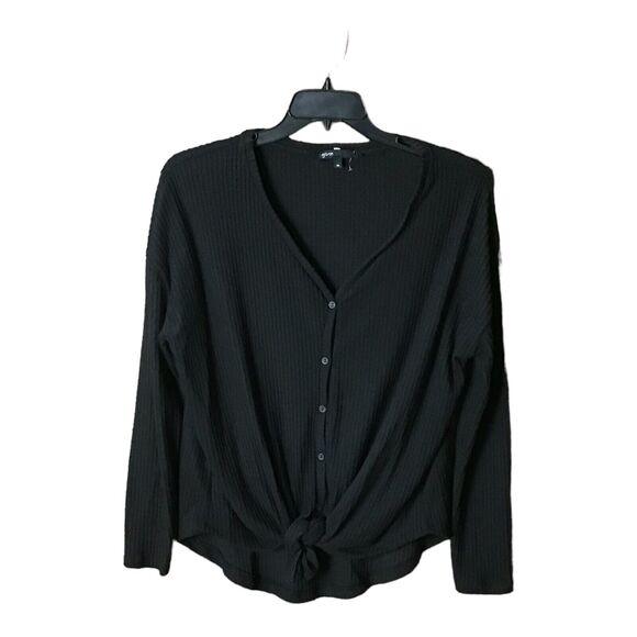 Gibson Women’s Small Black Thermal Waffle Knit V-Neck Button Tie Front Top - Picture 12 of 16